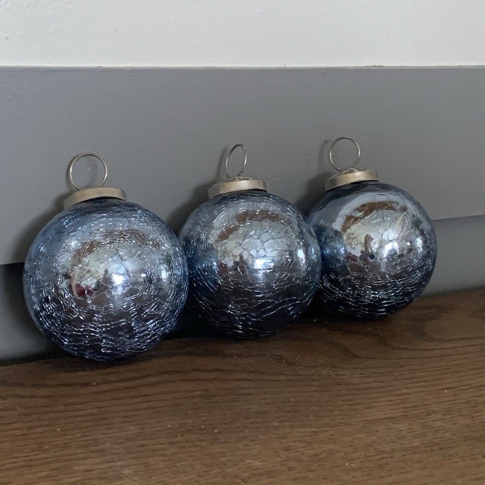 3 Crackle Heavy Glass Blue Kugel Style Christmas Ornaments 4"